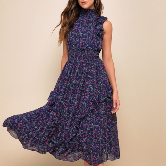 Lulus Evalina Navy Blue Floral Print Mock Neck Midi Dress - Size S - Picture 1 of 4